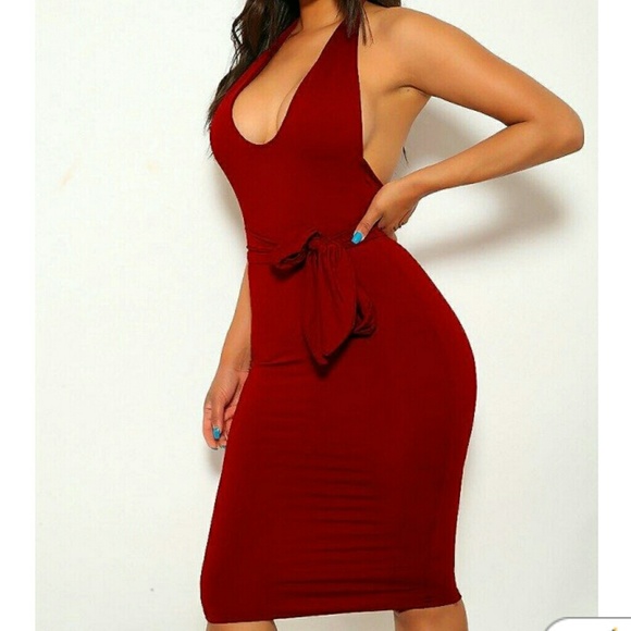 Red Halter Bodycon Midi Dress - Picture 2 of 3